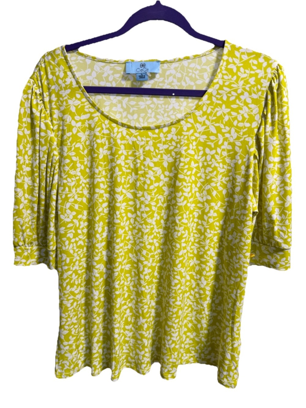 CeCe Women’s XL Yellow White Floral Print Top NWT 3/4 Sleeve Stretch Blouse